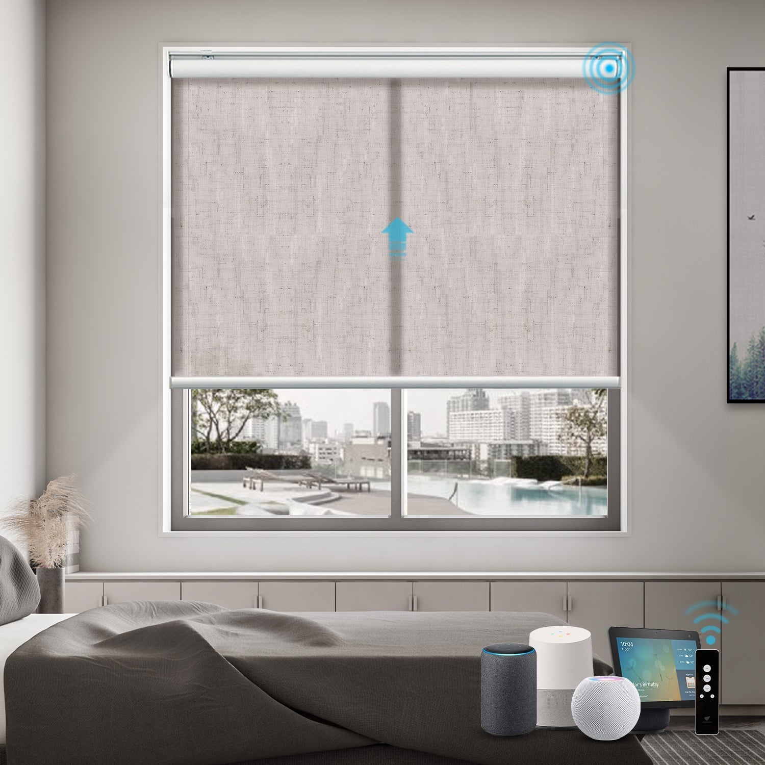 Homnique Motorized Light Filtering Roller Shades 70% Blackout Linen