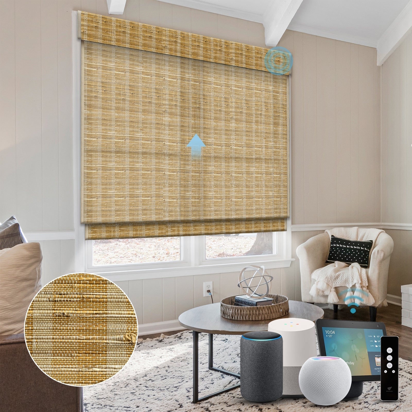 Homnique Motorized Woven Wood Shades 70% Blackout Privacy Orithyia