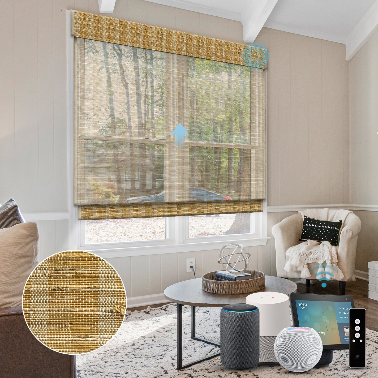 Homnique Motorized Woven Wood Shades 50% Blackout See-through Orithyia